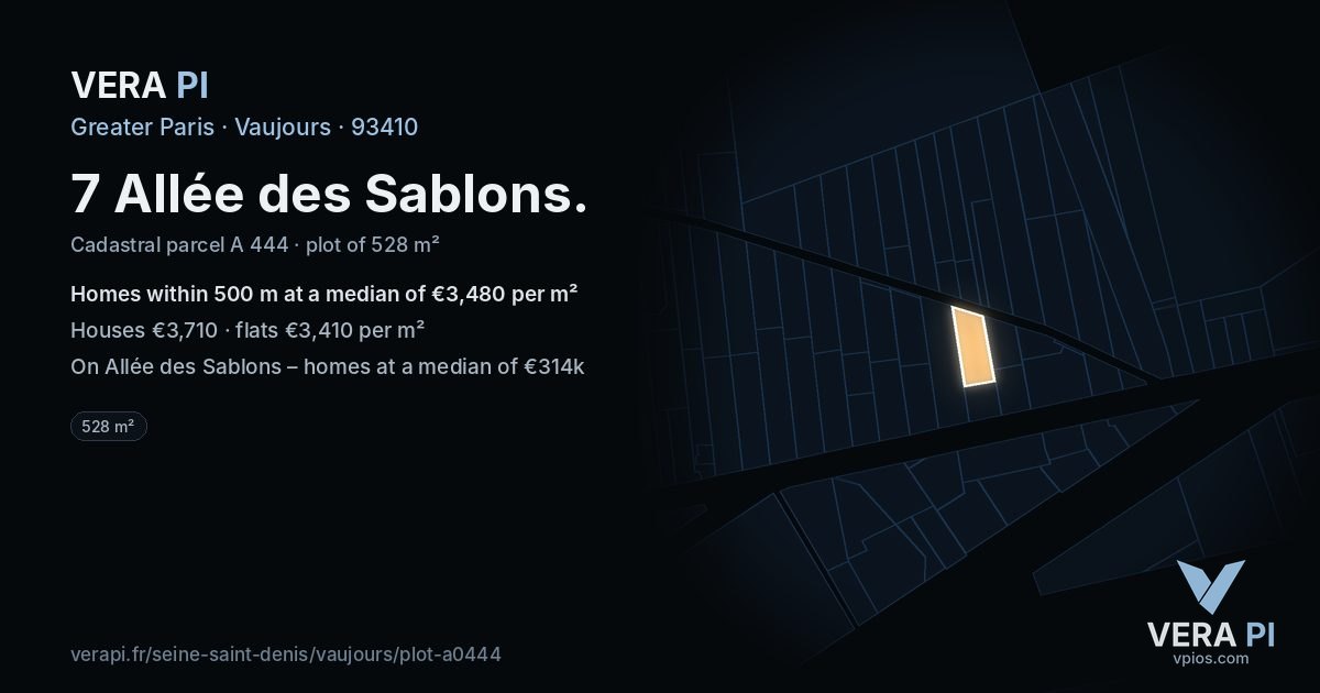 7 Allée des Sablons, Vaujours at night – the plot lit, the parcels around coloured by the prices near them