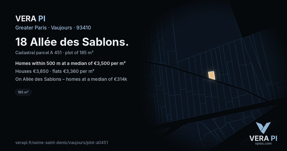 18 Allée des Sablons, Vaujours at night – the plot lit, the parcels around coloured by the prices near them