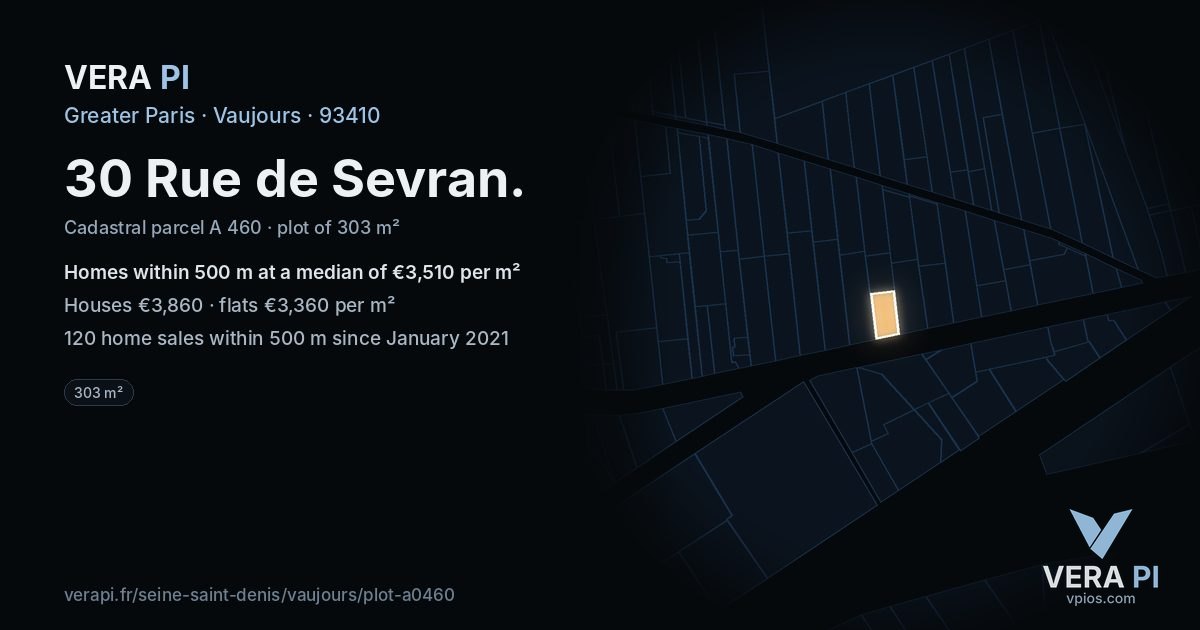 30 Rue de Sevran, Vaujours at night – the plot lit, the parcels around coloured by the prices near them
