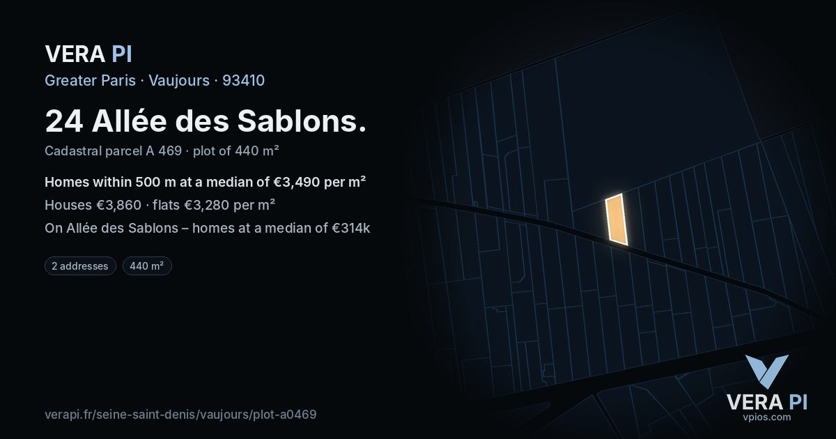 24 Allée des Sablons, Vaujours at night – the plot lit, the parcels around coloured by the prices near them