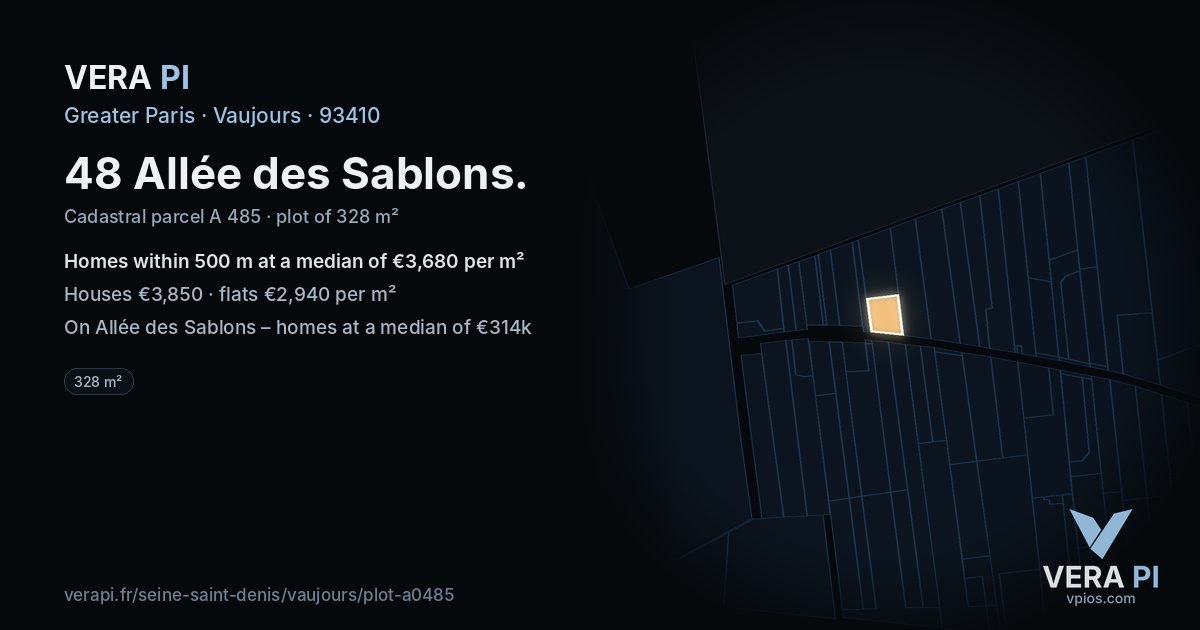 48 Allée des Sablons, Vaujours at night – the plot lit, the parcels around coloured by the prices near them