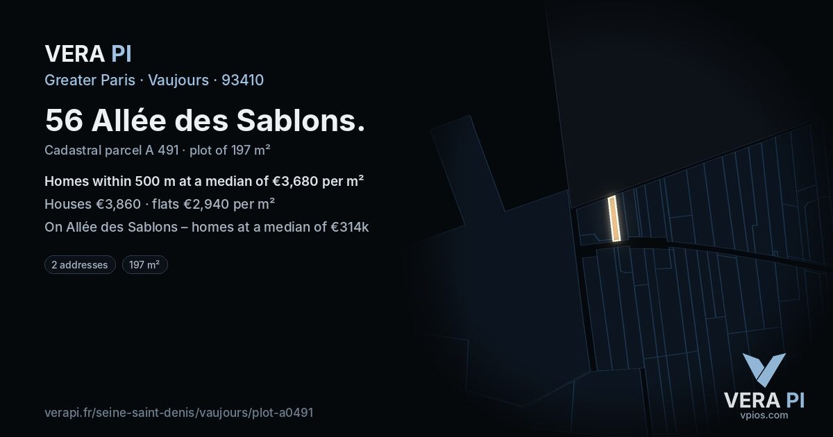 56 Allée des Sablons, Vaujours at night – the plot lit, the parcels around coloured by the prices near them