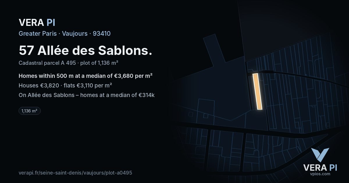 57 Allée des Sablons, Vaujours at night – the plot lit, the parcels around coloured by the prices near them