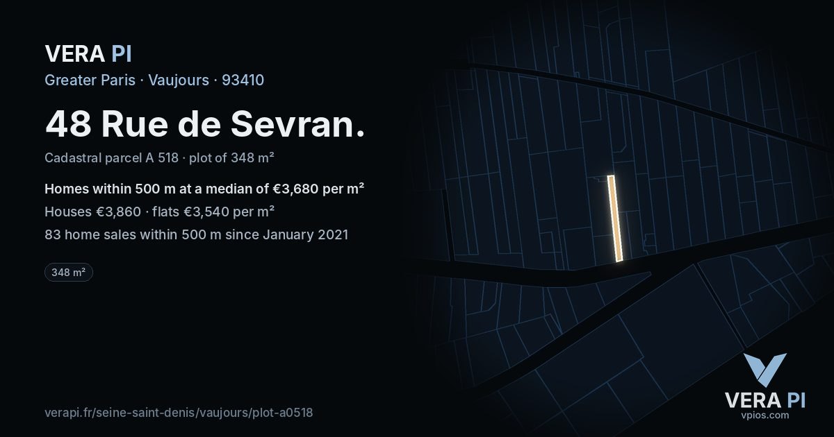 48 Rue de Sevran, Vaujours at night – the plot lit, the parcels around coloured by the prices near them