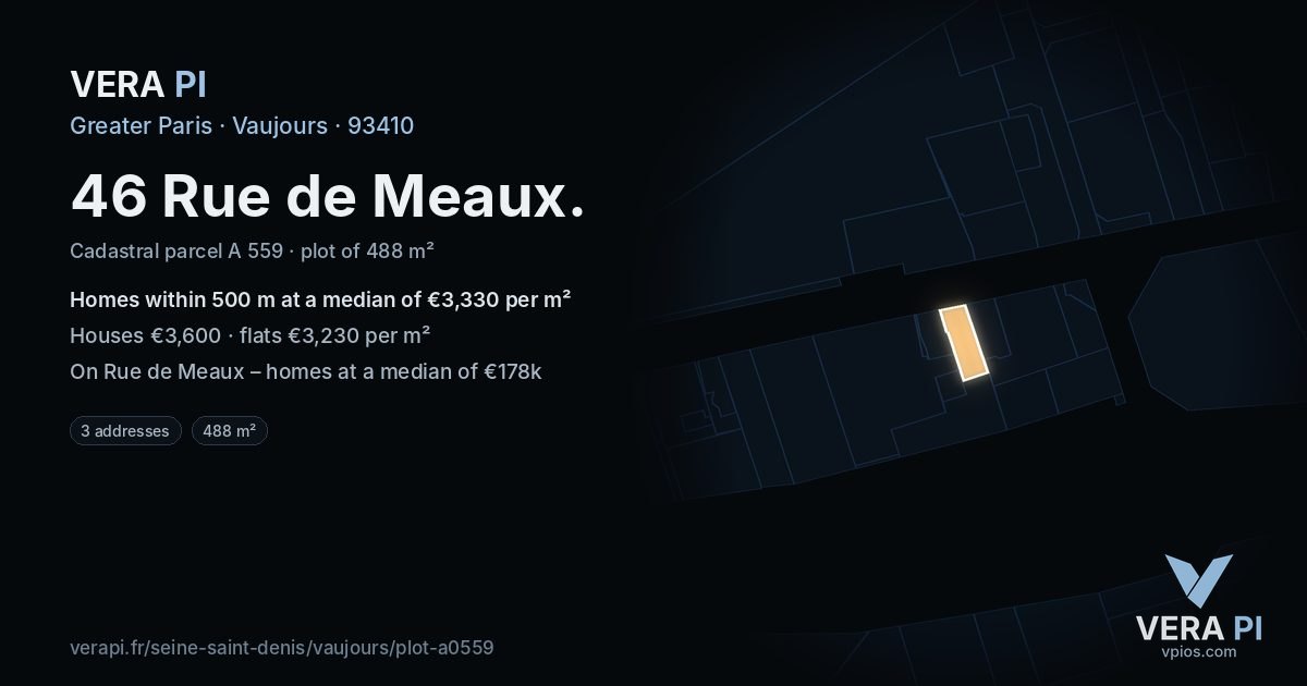 46 Rue de Meaux, Vaujours at night – the plot lit, the parcels around coloured by the prices near them