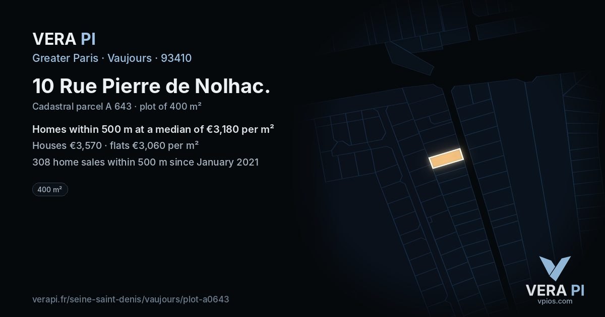 10 Rue Pierre de Nolhac, Vaujours at night – the plot lit, the parcels around coloured by the prices near them