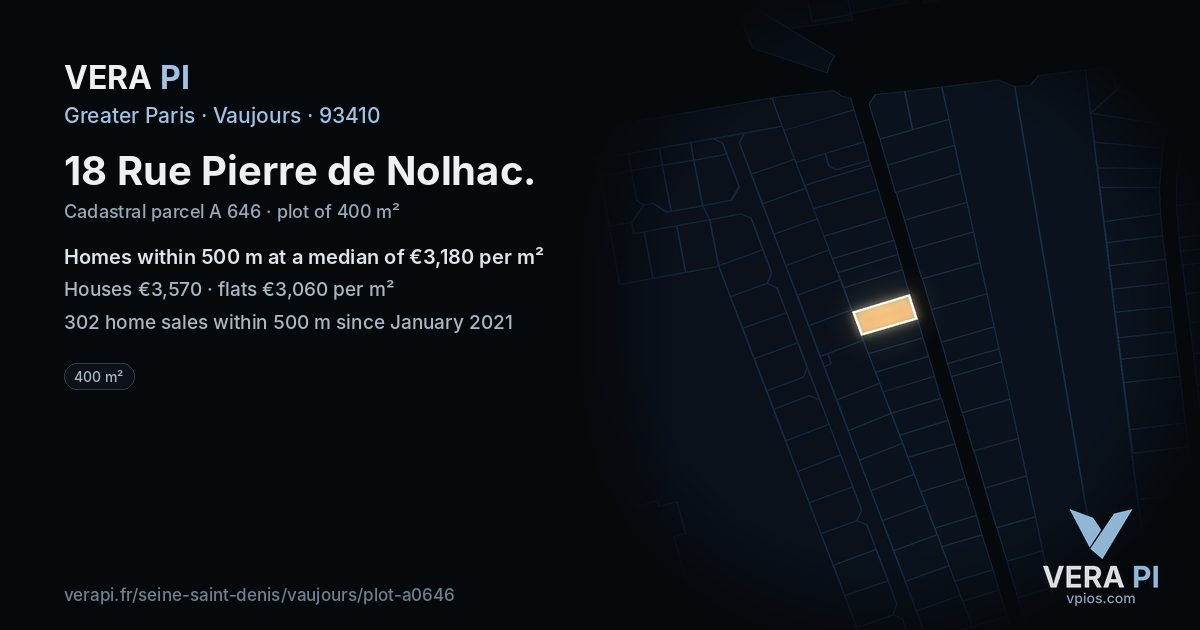 18 Rue Pierre de Nolhac, Vaujours at night – the plot lit, the parcels around coloured by the prices near them