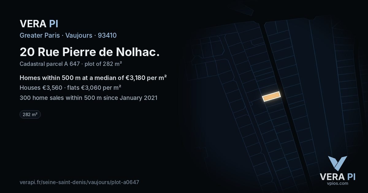 20 Rue Pierre de Nolhac, Vaujours at night – the plot lit, the parcels around coloured by the prices near them