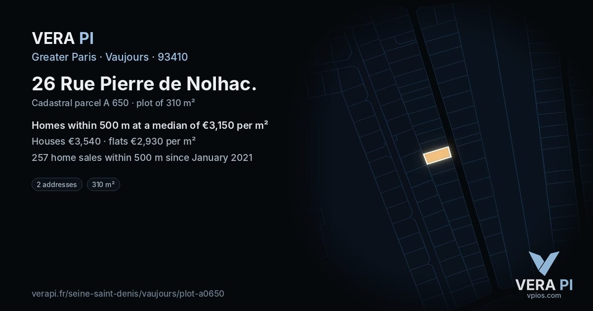 26 Rue Pierre de Nolhac, Vaujours at night – the plot lit, the parcels around coloured by the prices near them