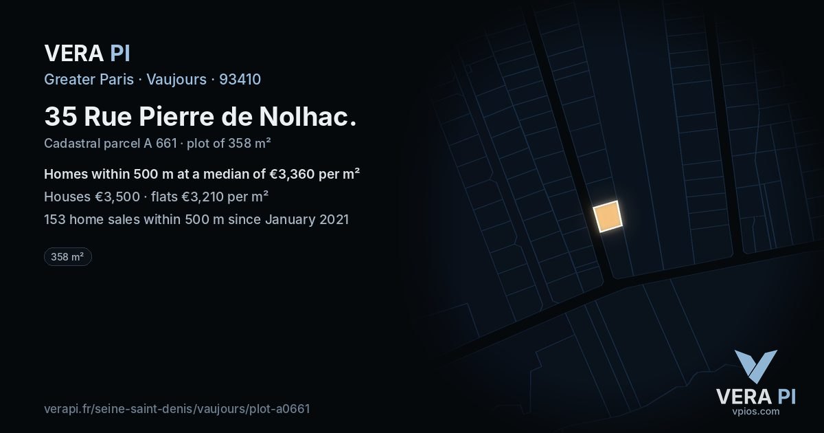 35 Rue Pierre de Nolhac, Vaujours at night – the plot lit, the parcels around coloured by the prices near them