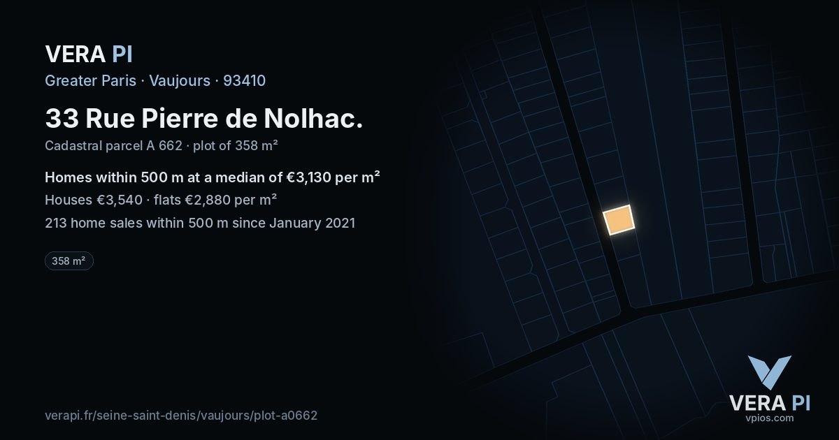 33 Rue Pierre de Nolhac, Vaujours at night – the plot lit, the parcels around coloured by the prices near them