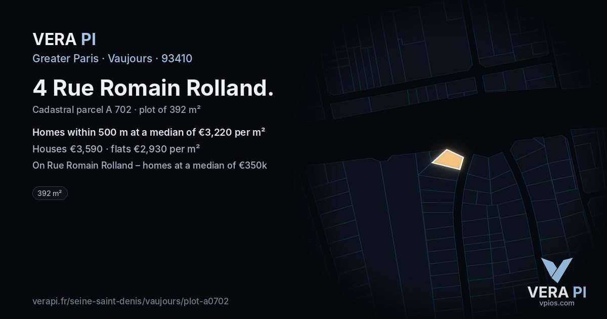 4 Rue Romain Rolland, Vaujours at night – the plot lit, the parcels around coloured by the prices near them