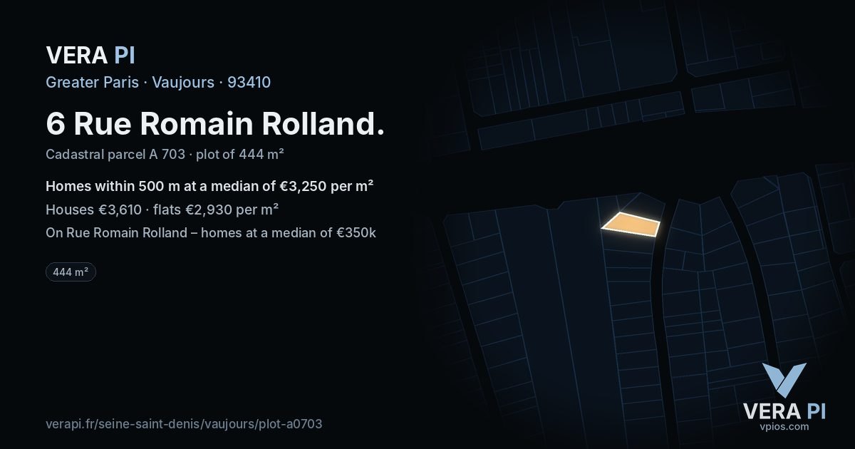 6 Rue Romain Rolland, Vaujours at night – the plot lit, the parcels around coloured by the prices near them