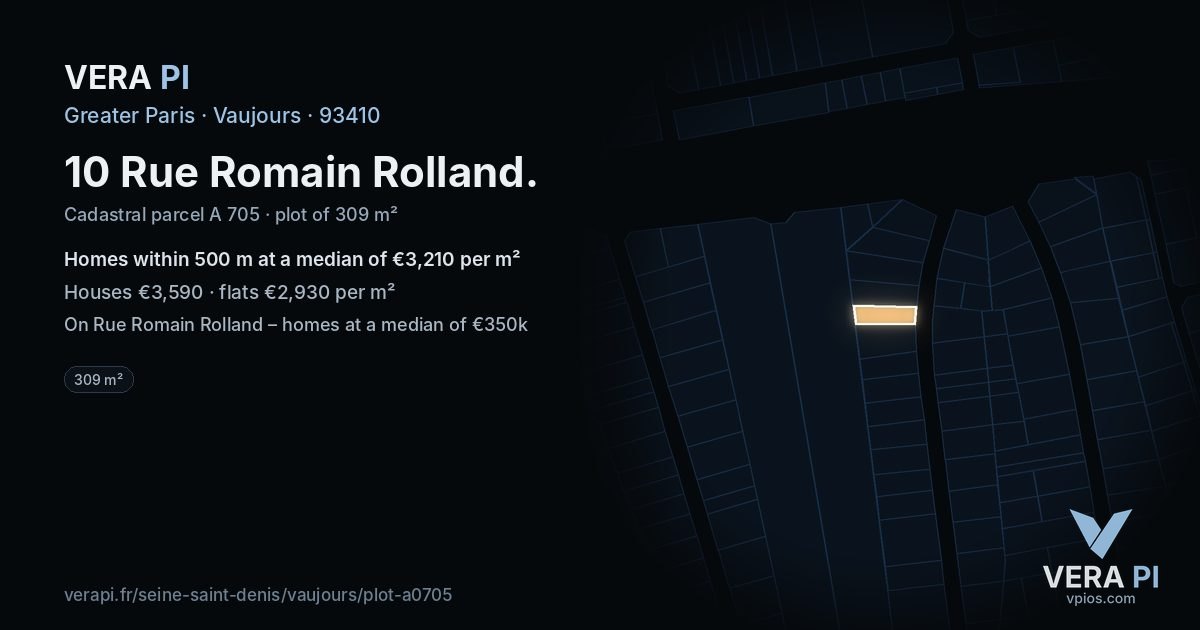 10 Rue Romain Rolland, Vaujours at night – the plot lit, the parcels around coloured by the prices near them