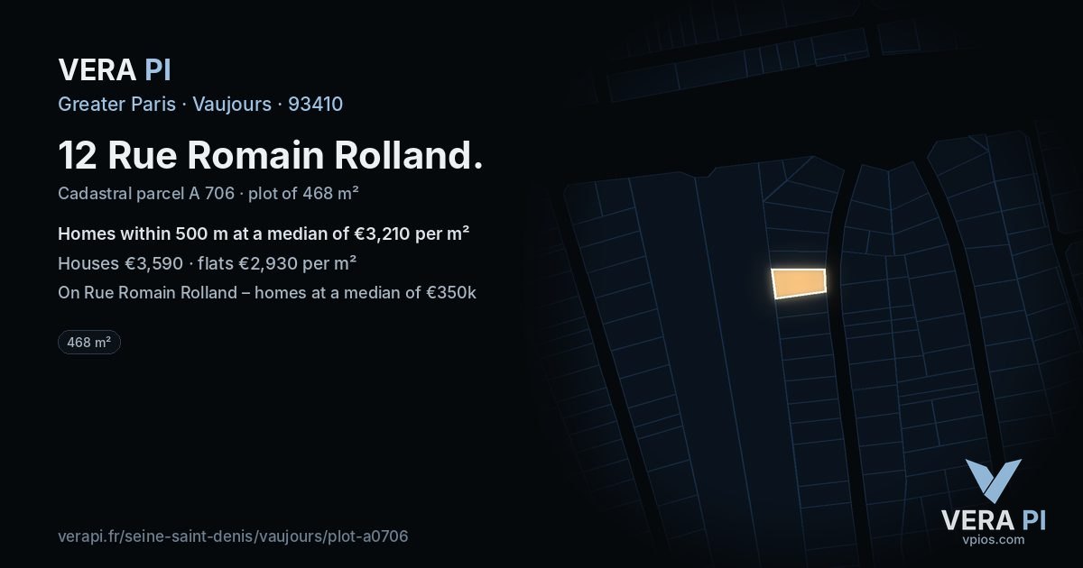 12 Rue Romain Rolland, Vaujours at night – the plot lit, the parcels around coloured by the prices near them