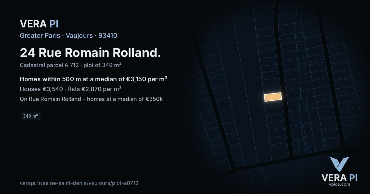 24 Rue Romain Rolland, Vaujours at night – the plot lit, the parcels around coloured by the prices near them