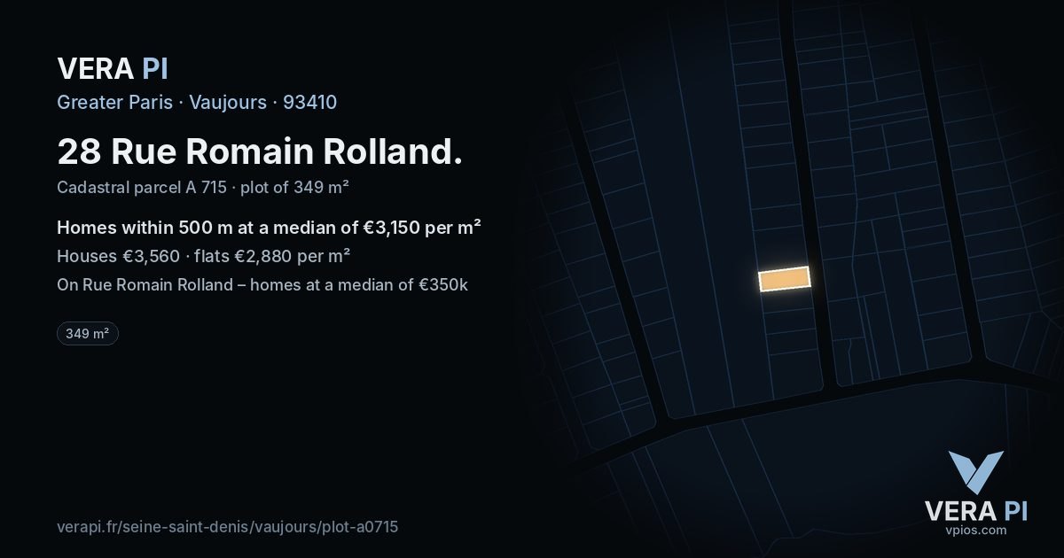 28 Rue Romain Rolland, Vaujours at night – the plot lit, the parcels around coloured by the prices near them