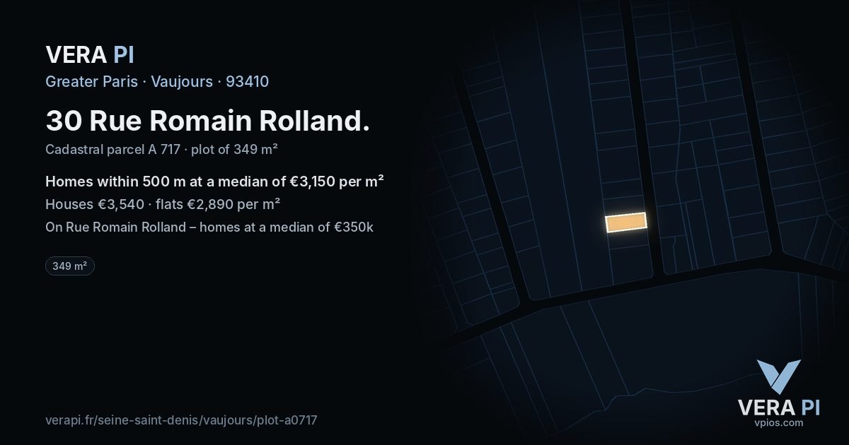 30 Rue Romain Rolland, Vaujours at night – the plot lit, the parcels around coloured by the prices near them