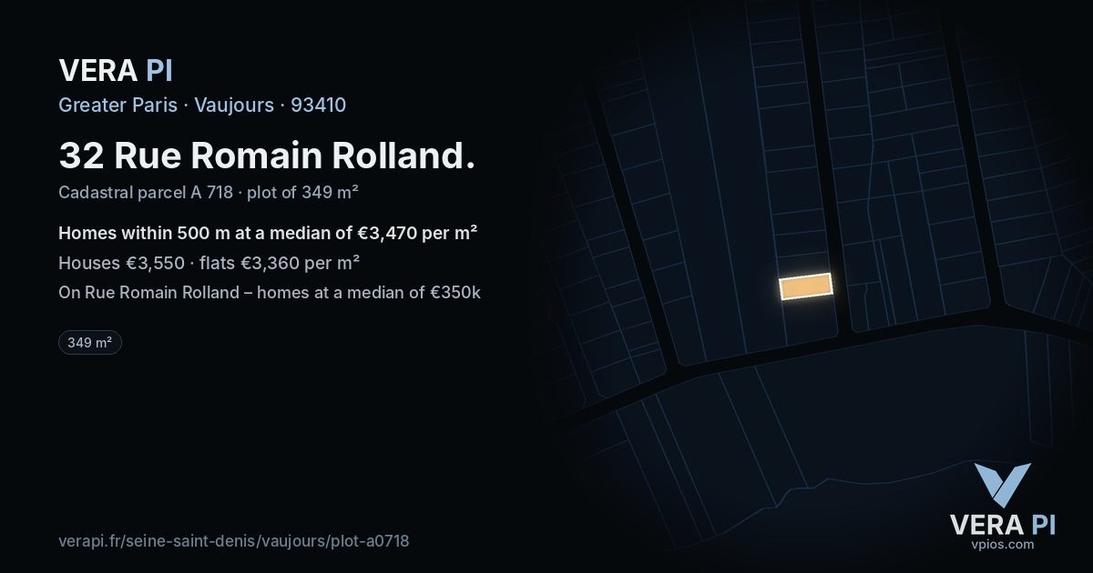 32 Rue Romain Rolland, Vaujours at night – the plot lit, the parcels around coloured by the prices near them