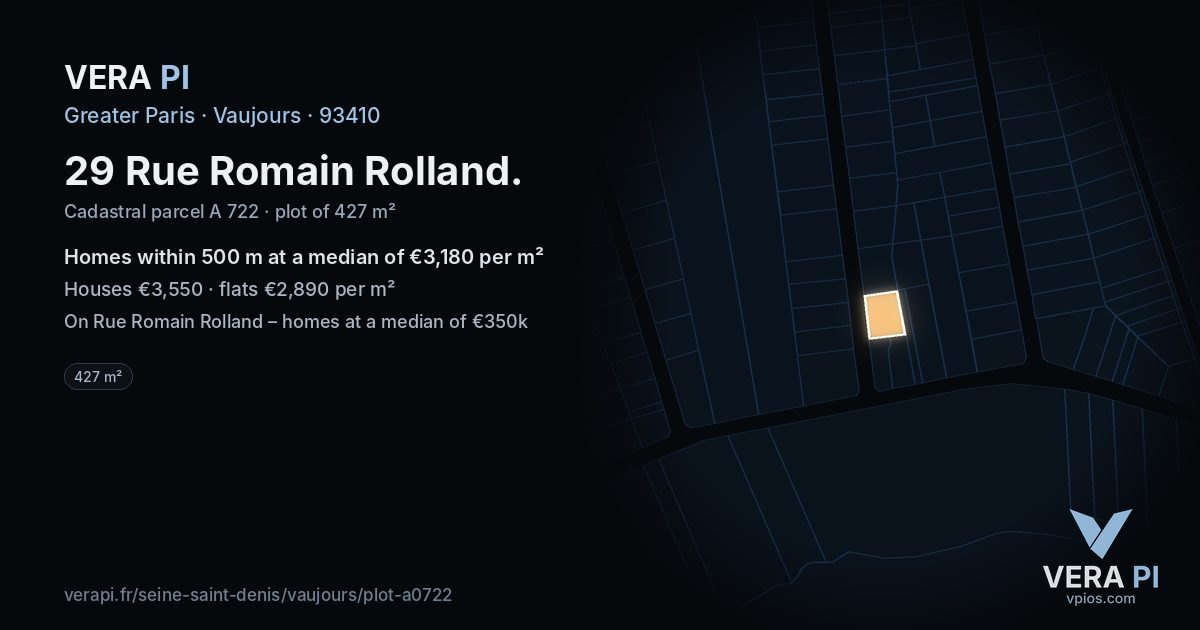 29 Rue Romain Rolland, Vaujours at night – the plot lit, the parcels around coloured by the prices near them