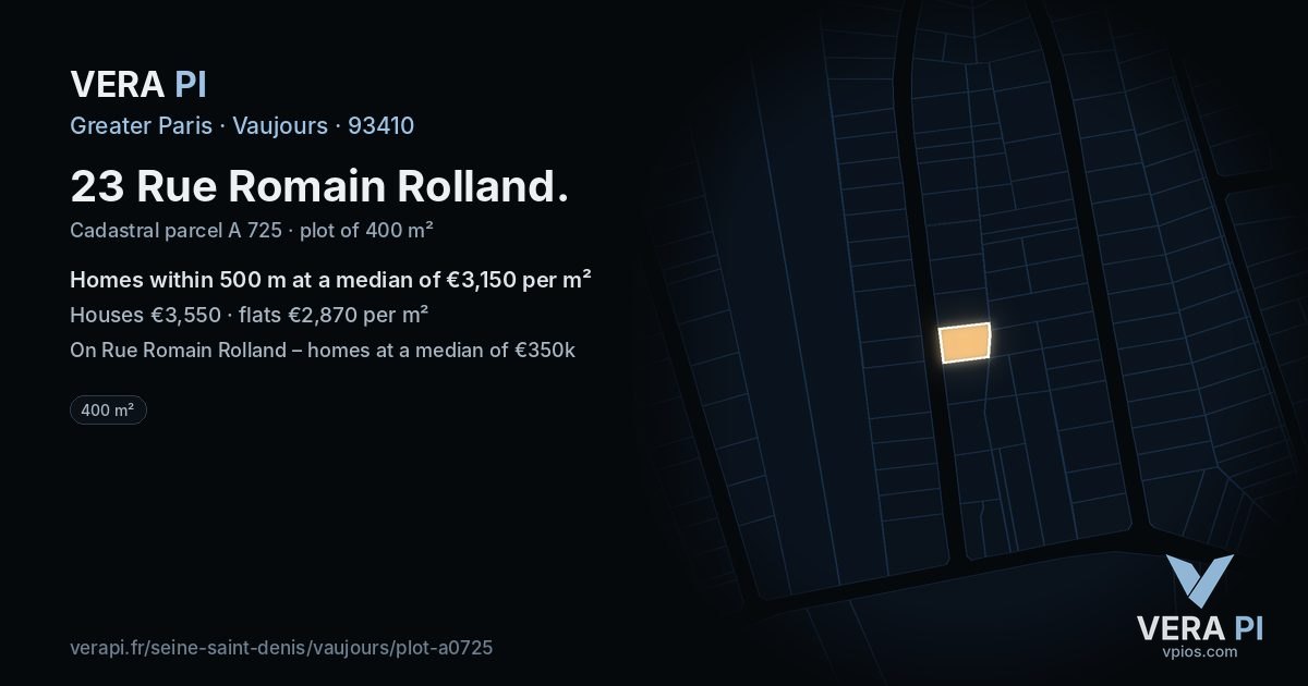 23 Rue Romain Rolland, Vaujours at night – the plot lit, the parcels around coloured by the prices near them