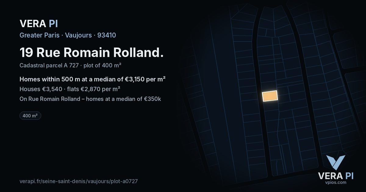 19 Rue Romain Rolland, Vaujours at night – the plot lit, the parcels around coloured by the prices near them