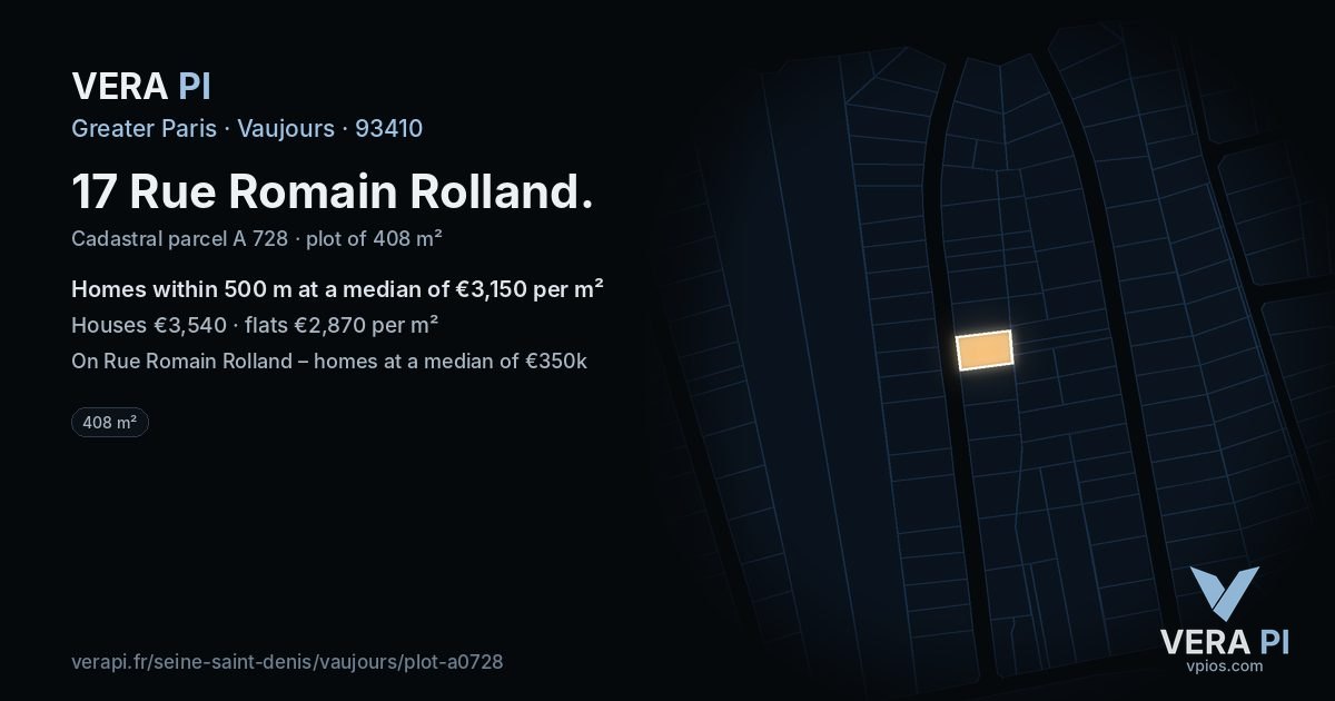 17 Rue Romain Rolland, Vaujours at night – the plot lit, the parcels around coloured by the prices near them