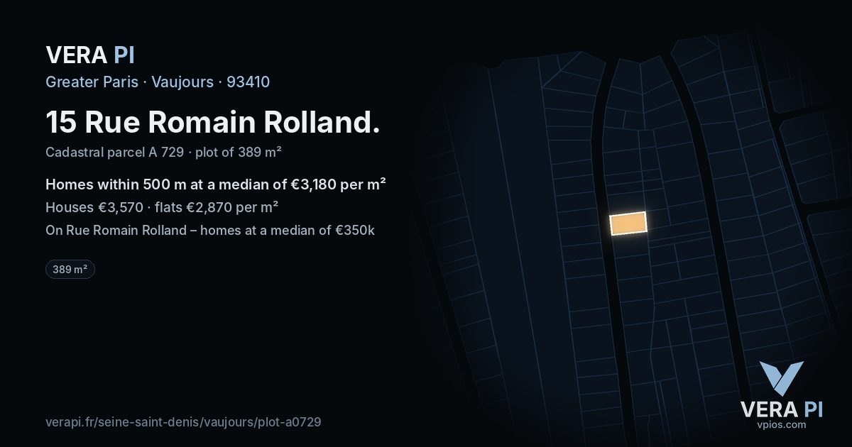 15 Rue Romain Rolland, Vaujours at night – the plot lit, the parcels around coloured by the prices near them
