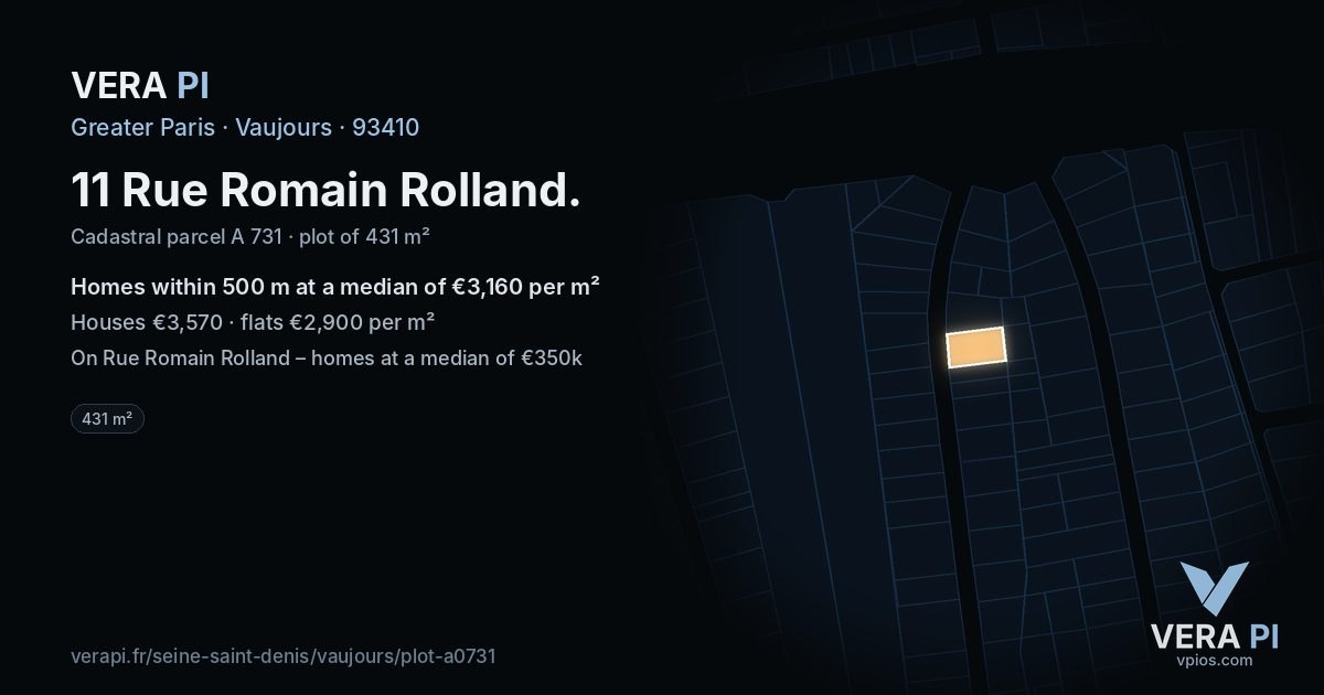 11 Rue Romain Rolland, Vaujours at night – the plot lit, the parcels around coloured by the prices near them