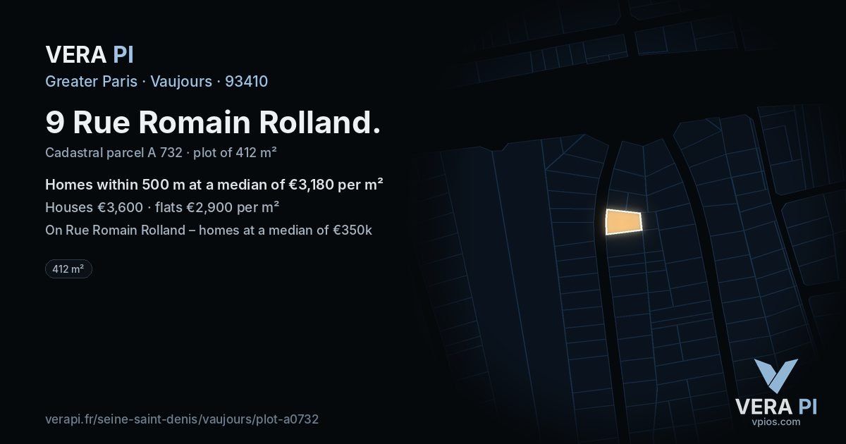 9 Rue Romain Rolland, Vaujours at night – the plot lit, the parcels around coloured by the prices near them