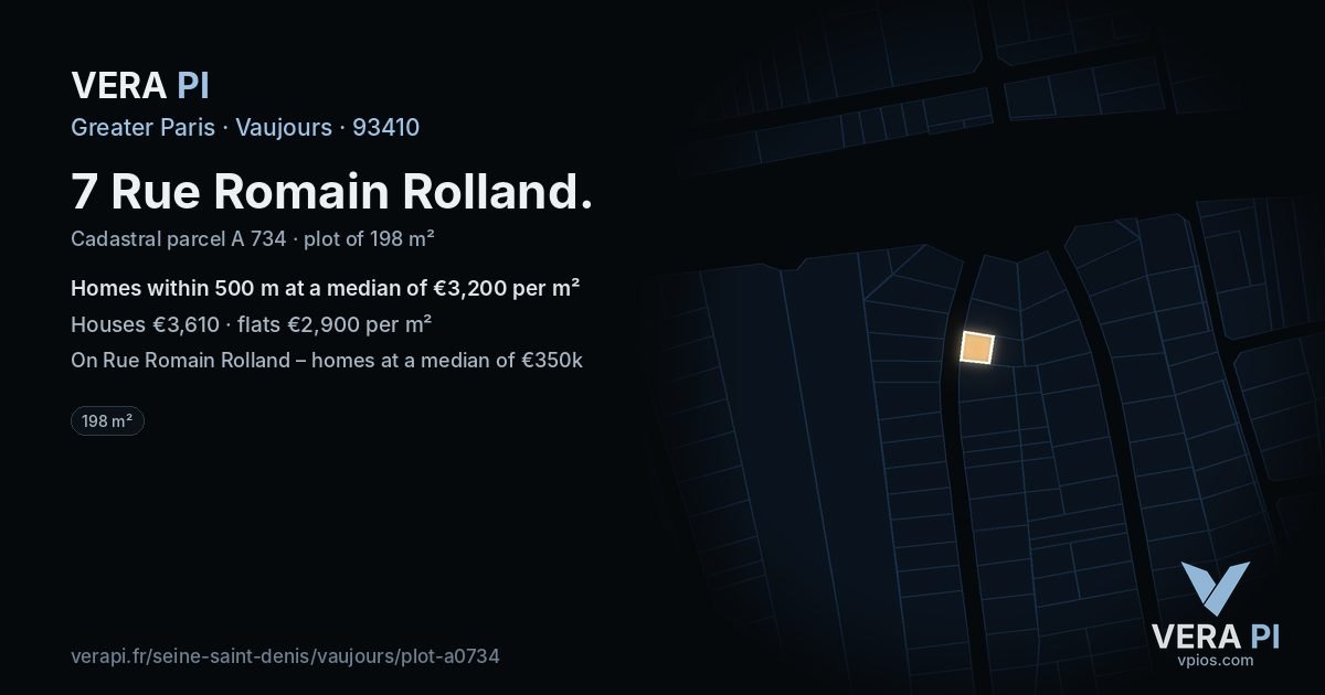 7 Rue Romain Rolland, Vaujours at night – the plot lit, the parcels around coloured by the prices near them