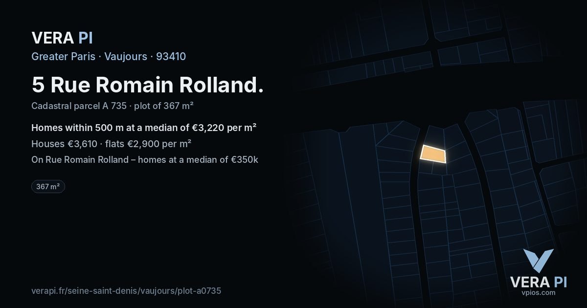 5 Rue Romain Rolland, Vaujours at night – the plot lit, the parcels around coloured by the prices near them