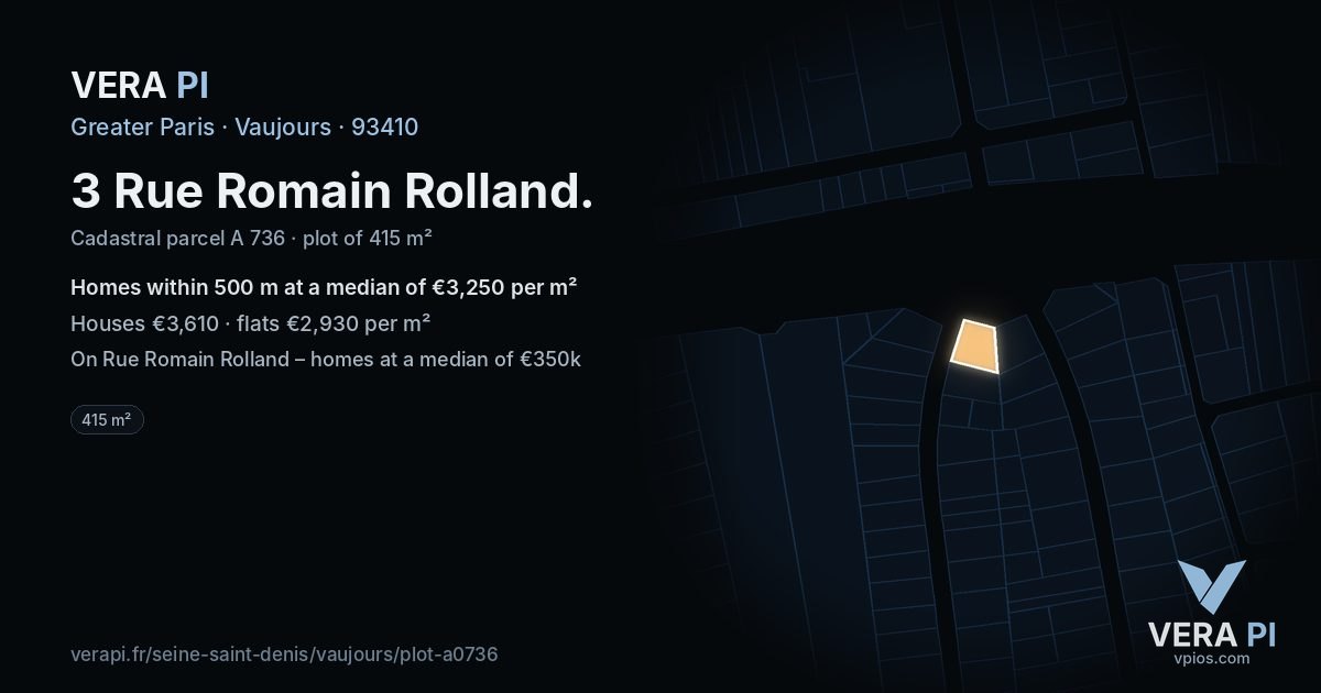 3 Rue Romain Rolland, Vaujours at night – the plot lit, the parcels around coloured by the prices near them