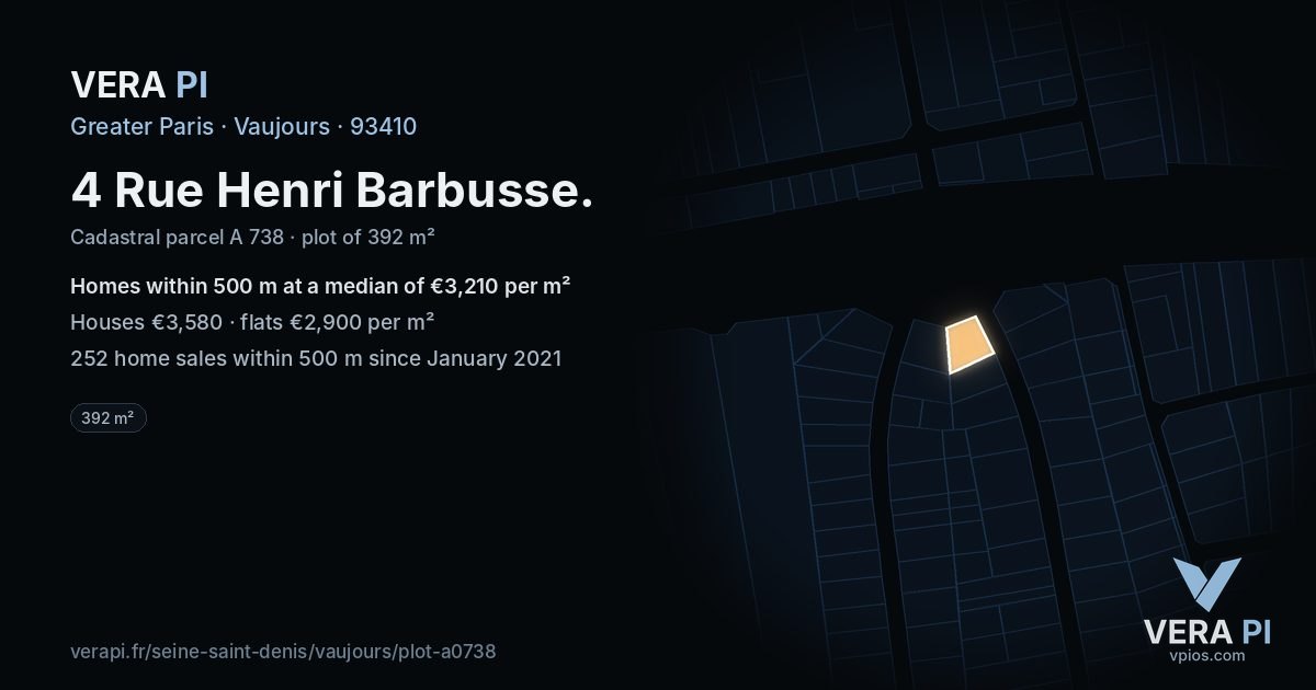 4 Rue Henri Barbusse, Vaujours at night – the plot lit, the parcels around coloured by the prices near them