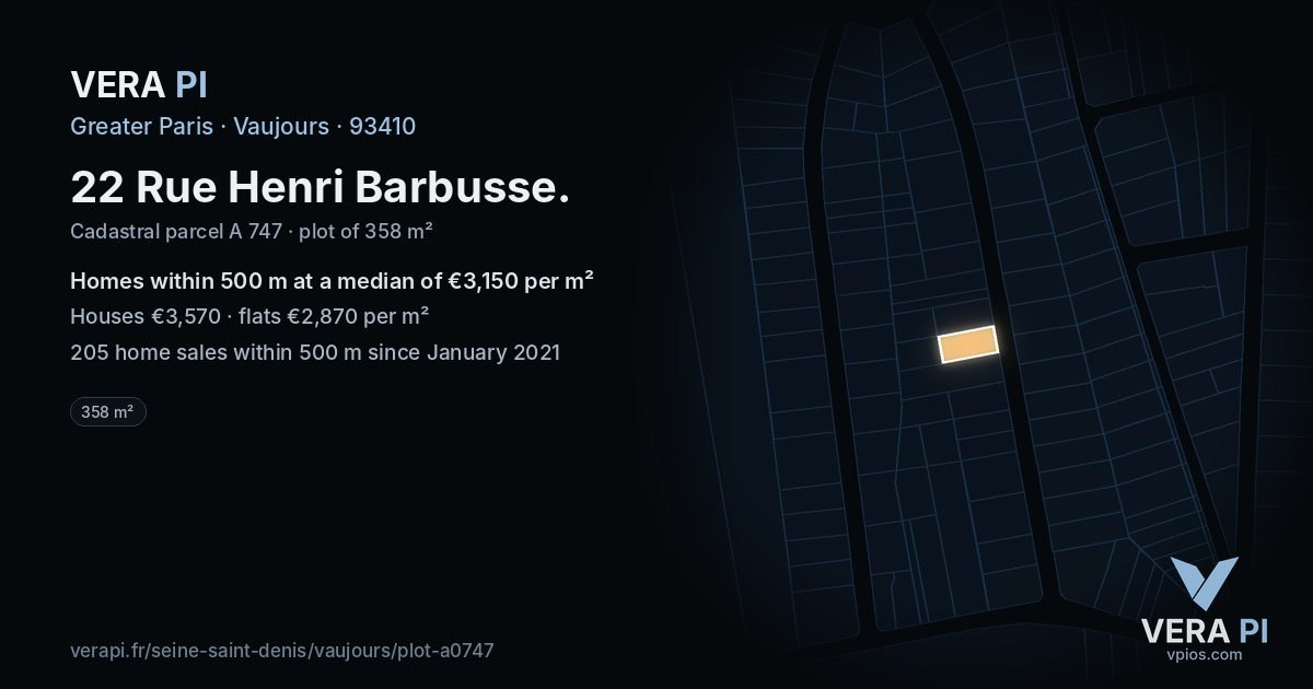 22 Rue Henri Barbusse, Vaujours at night – the plot lit, the parcels around coloured by the prices near them