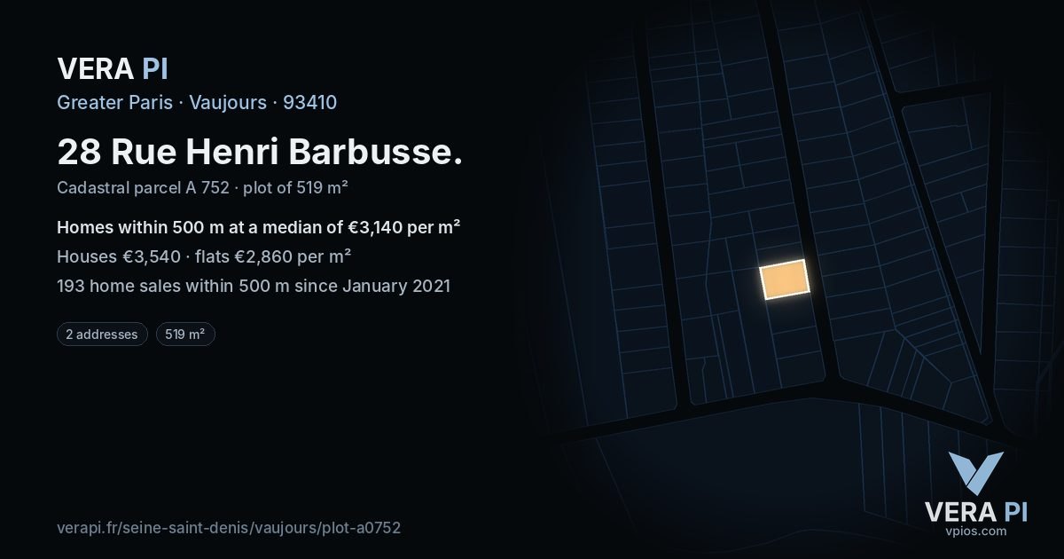 28 Rue Henri Barbusse, Vaujours at night – the plot lit, the parcels around coloured by the prices near them