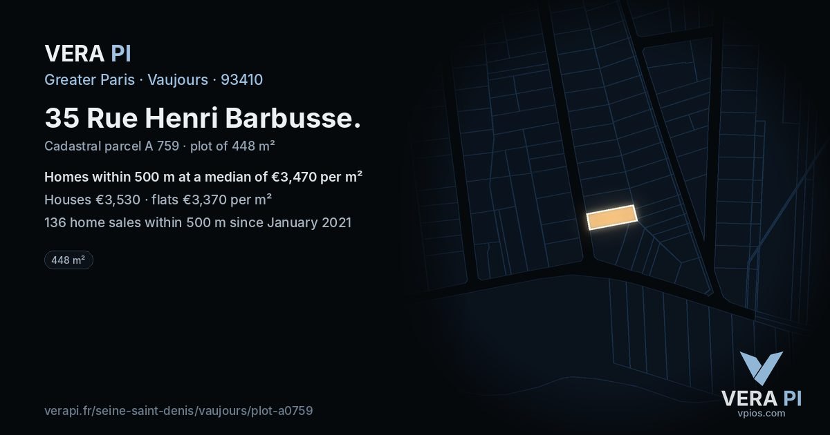 35 Rue Henri Barbusse, Vaujours at night – the plot lit, the parcels around coloured by the prices near them