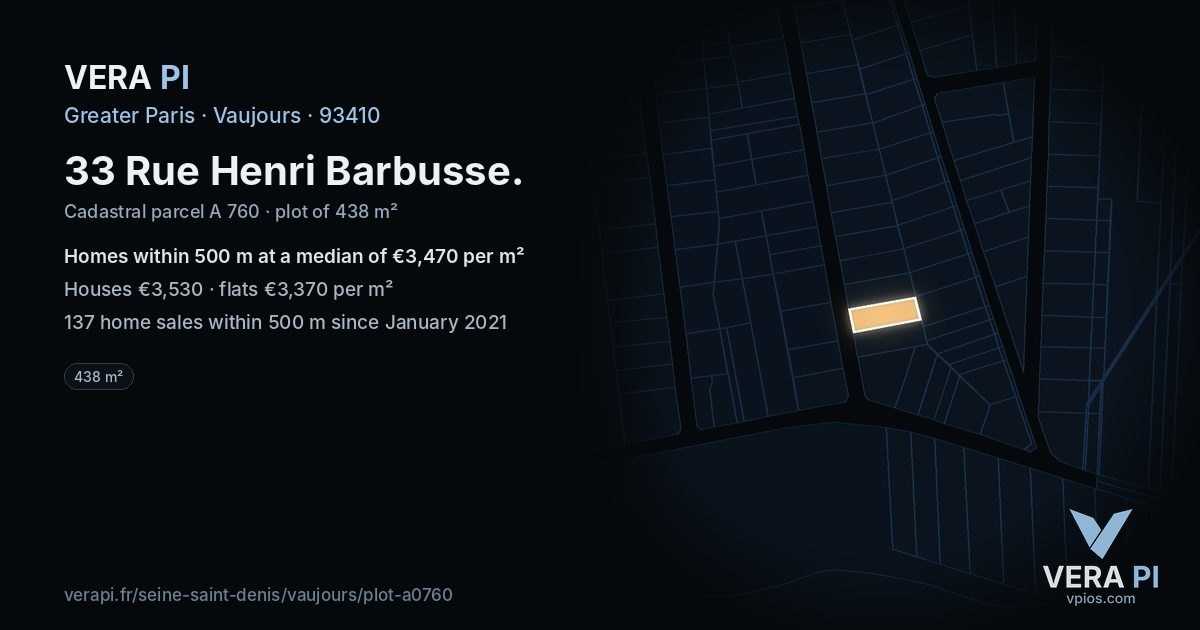 33 Rue Henri Barbusse, Vaujours at night – the plot lit, the parcels around coloured by the prices near them