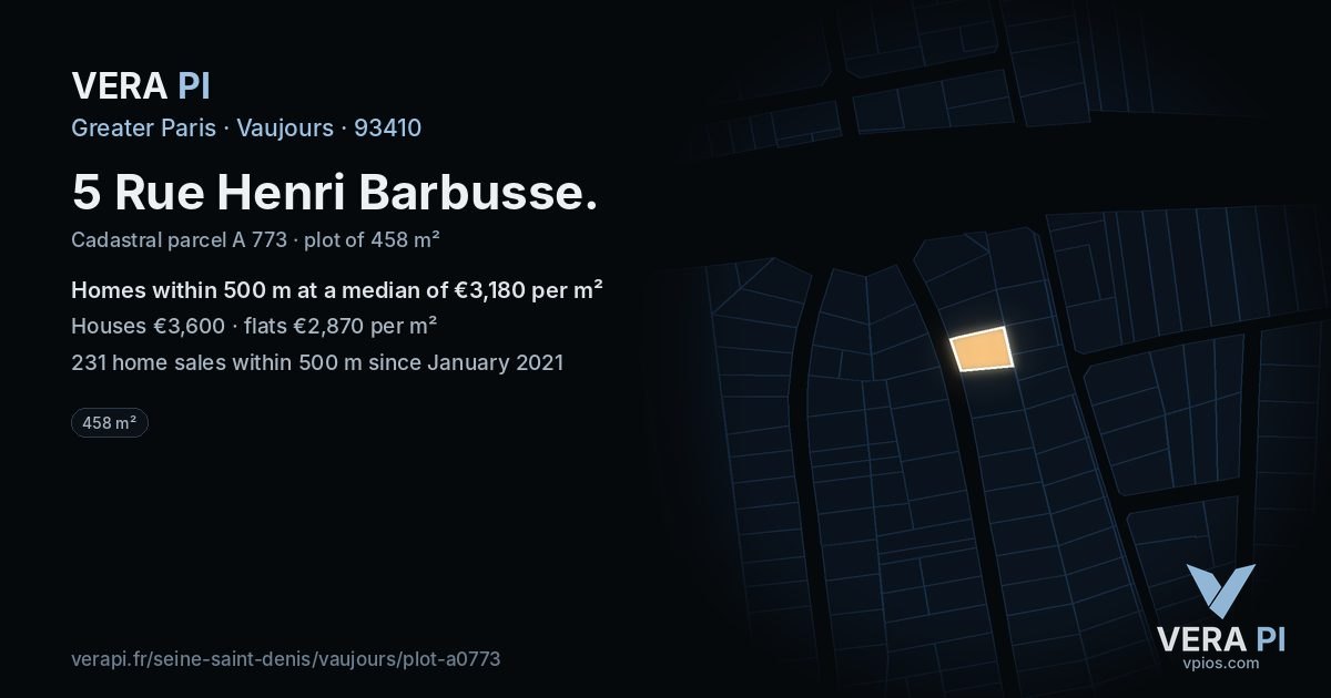 5 Rue Henri Barbusse, Vaujours at night – the plot lit, the parcels around coloured by the prices near them