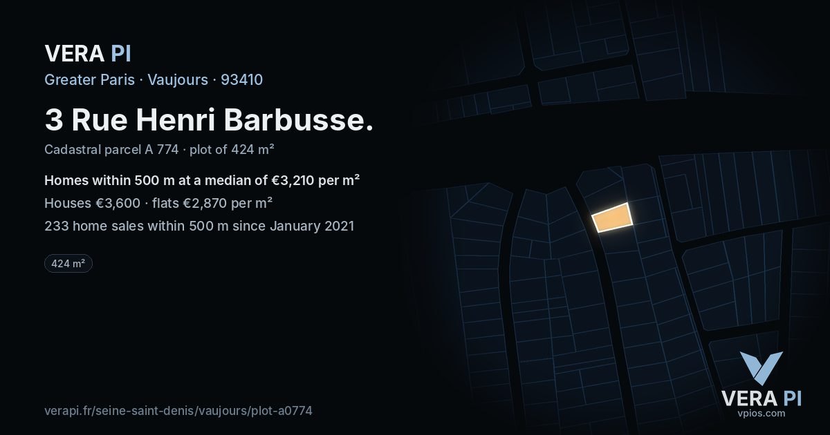 3 Rue Henri Barbusse, Vaujours at night – the plot lit, the parcels around coloured by the prices near them