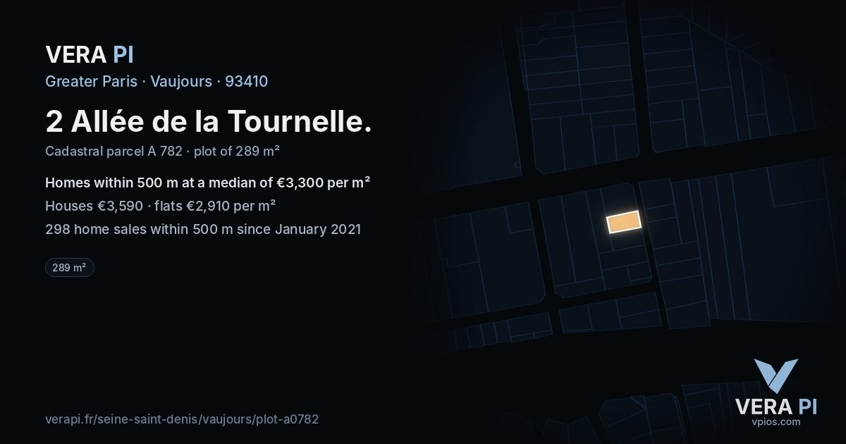 2 Allée de la Tournelle, Vaujours at night – the plot lit, the parcels around coloured by the prices near them