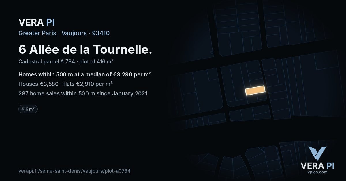 6 Allée de la Tournelle, Vaujours at night – the plot lit, the parcels around coloured by the prices near them