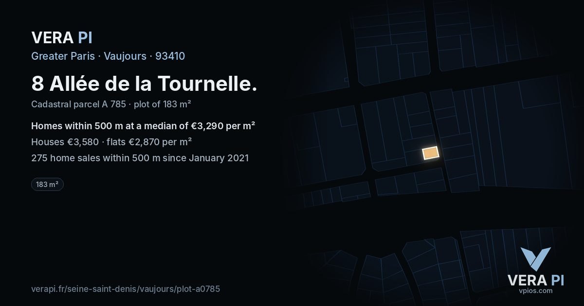 8 Allée de la Tournelle, Vaujours at night – the plot lit, the parcels around coloured by the prices near them