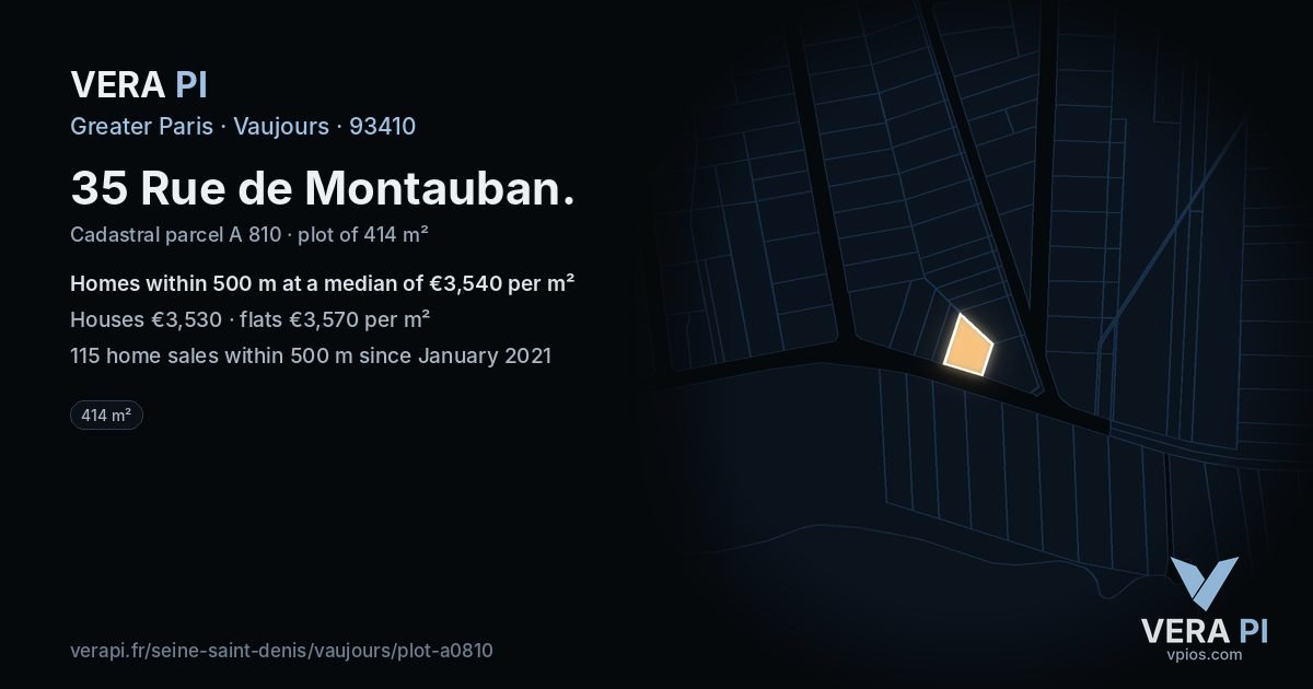 35 Rue de Montauban, Vaujours at night – the plot lit, the parcels around coloured by the prices near them