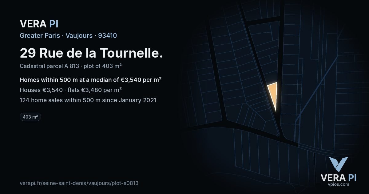 29 Rue de la Tournelle, Vaujours at night – the plot lit, the parcels around coloured by the prices near them