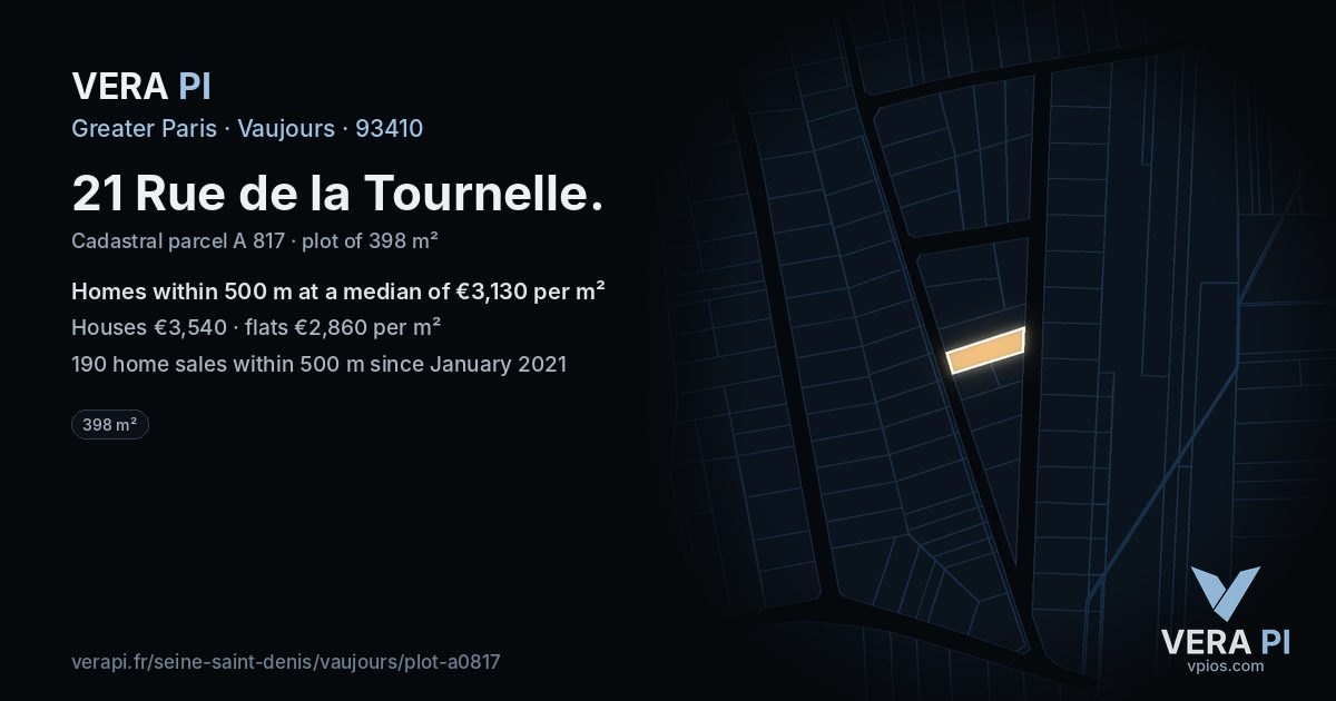 21 Rue de la Tournelle, Vaujours at night – the plot lit, the parcels around coloured by the prices near them