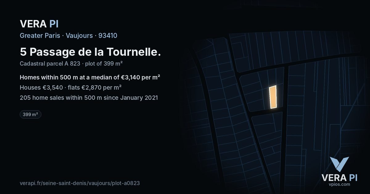 5 Passage de la Tournelle, Vaujours at night – the plot lit, the parcels around coloured by the prices near them