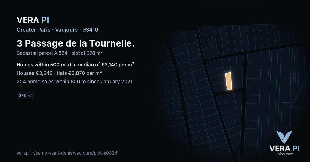 3 Passage de la Tournelle, Vaujours at night – the plot lit, the parcels around coloured by the prices near them