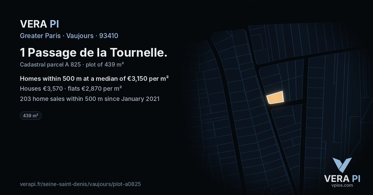 1 Passage de la Tournelle, Vaujours at night – the plot lit, the parcels around coloured by the prices near them