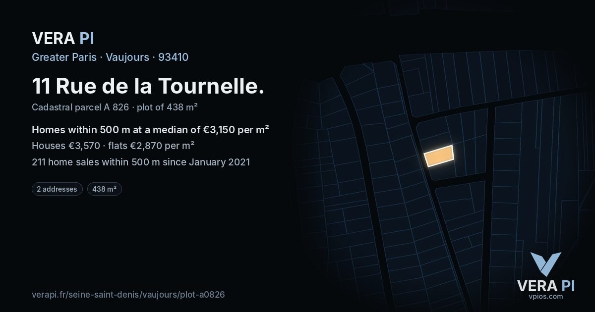 11 Rue de la Tournelle, Vaujours at night – the plot lit, the parcels around coloured by the prices near them